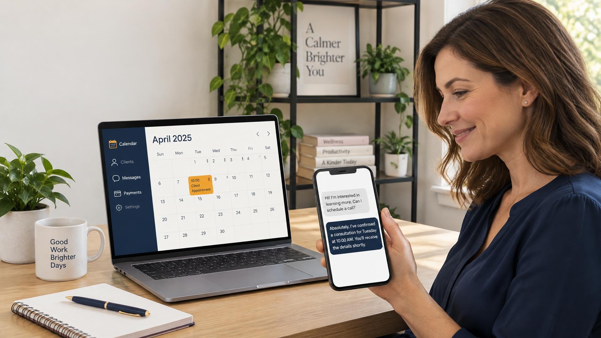A business owner at her desk reading a phone chat where a prospect asks to schedule a call and the assistant confirms a consultation for Tuesday at 10:00 AM, while her laptop calendar shows the booked client appointment